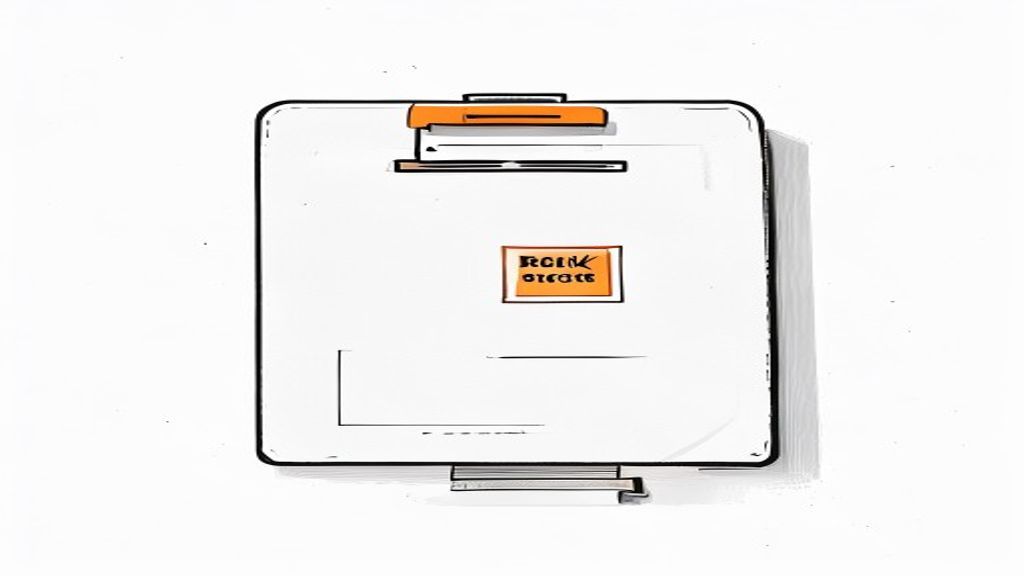 A black and white sketch of an open folder titled 'Risk Dossier' with neatly organized papers. A single orange stamp that says 'APPROVED' is on the top page. Clean, minimalist lines with a professional feel.