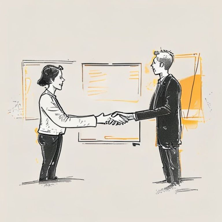 A hand-drawn minimalist sketch showing a digital laptop screen on one side and two figures shaking hands on the other, with subtle orange accents on the handshake symbolizing trust and professional connection.