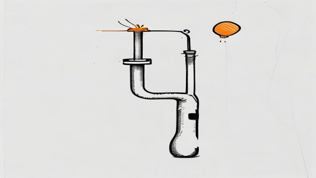 A sketch of a water pipe with a simple orange electronic sensor attached to it. A droplet of water is shown frozen in mid-air. Minimalist black and white style with orange accents on the sensor.