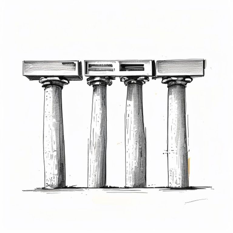 A black-and-white sketch showing three vertical pillars labelled 'Public Liability', 'Employers Liability', and 'Professional Indemnity'. The pillars support a roof representing 'Business Protection'. Subtle orange accents highlight the labels. Minimalist and professional hand-drawn style.