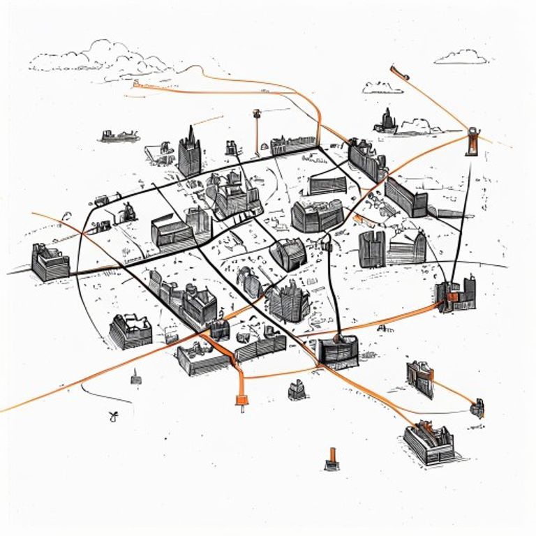 A simplified sketch map showing the geographic relationship between Essex and London. Highlighting the construction corridor with a dashed orange line. Clean, minimalist black-and-white hand-drawn style with simple iconography like small building symbols.