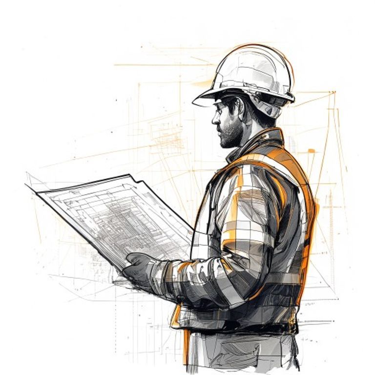 Hand-drawn sketch of a general contractor wearing a hard hat and high-vis vest, reviewing a blueprint on a busy construction site. The drawing is black and white with subtle orange accents on the hard hat and safety gear, conveying a professional and focused atmosphere.