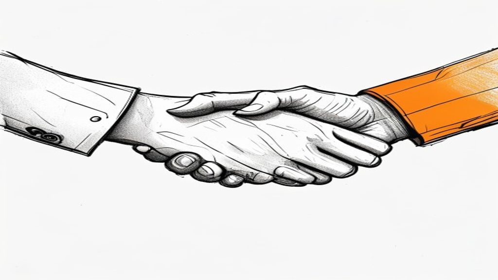A black and white sketch showing two people shaking hands over a table. Between them is a bridge made of orange lines, symbolizing the connection between the broker and the client. Minimalist and clean.