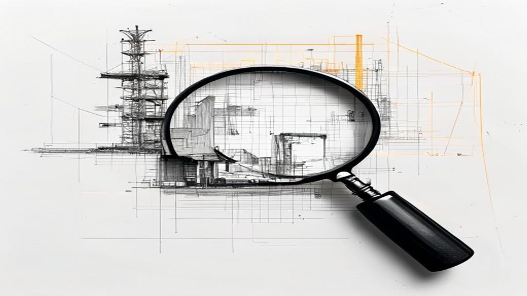 A minimalist black and white hand-drawn sketch of a construction site with a large architectural blueprint in the foreground. A magnifying glass rests on the blueprint, highlighting a 'hidden' section with a subtle orange glow. The background shows a crane and a rising building structure with simple, clean lines.