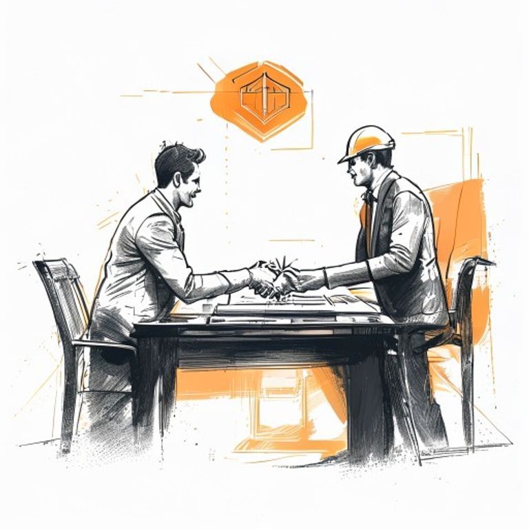 A professional black-and-white sketch of two people shaking hands across a desk. On the desk are documents and a laptop. A small orange house icon sits on the document, symbolizing security and home/business protection. Minimalist, hand-drawn style.