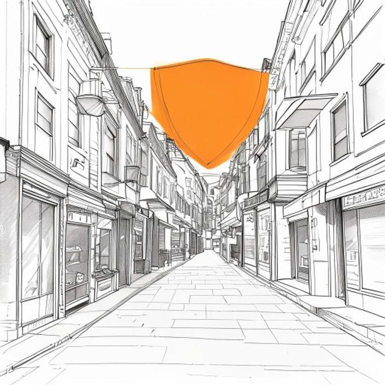 A sketch of a local Essex high street with various shopfronts, protected by a large orange umbrella or shield, symbolizing local business protection.