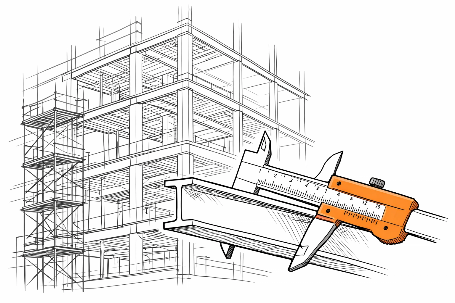 Sketch of a building frame and calipers representing accurate construction insurance rebuild cost valuations.