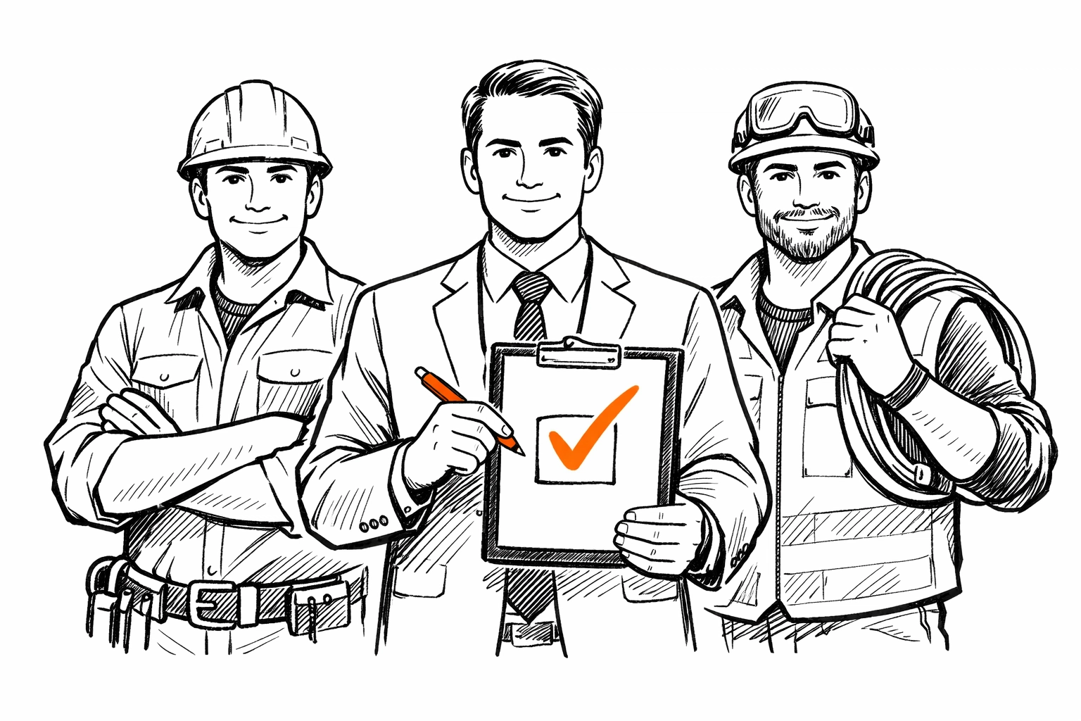 Sketch of a team of cleaners and a clipboard, representing sub-contractor coverage in cleaning contractors insurance.