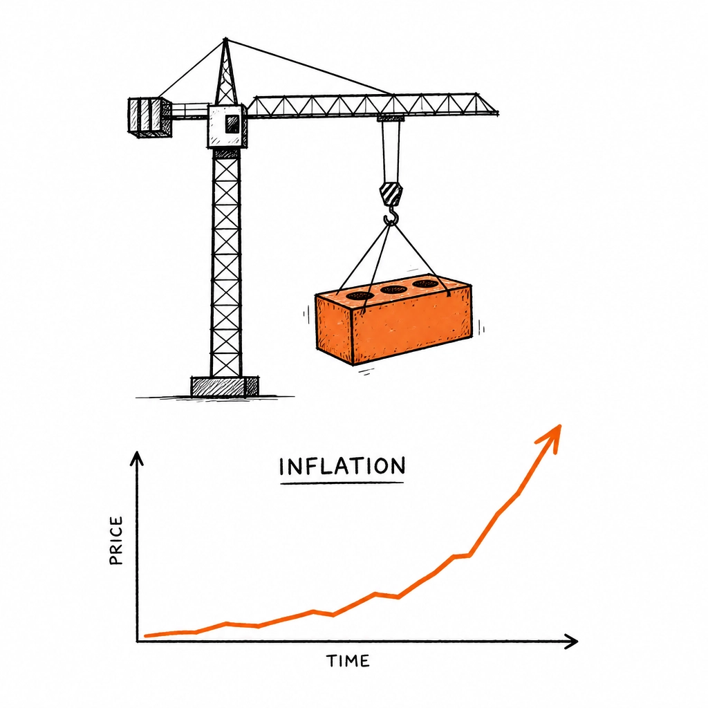 A crane lifting an orange brick with a graph showing rising inflation