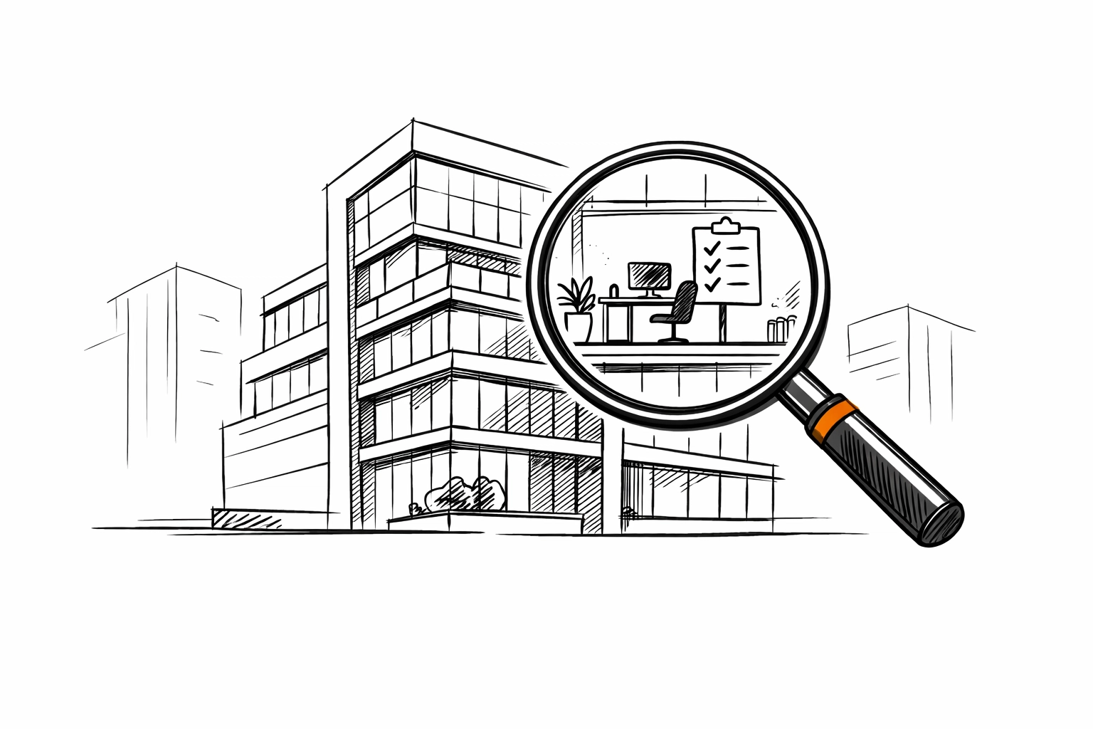 Magnifying glass over a building showing a tailored insurance assessment for UK building safety rules.