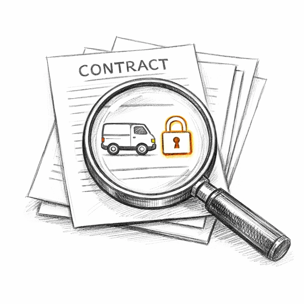A magnifying glass identifying hidden gaps in a cleaning contractors insurance policy contract.