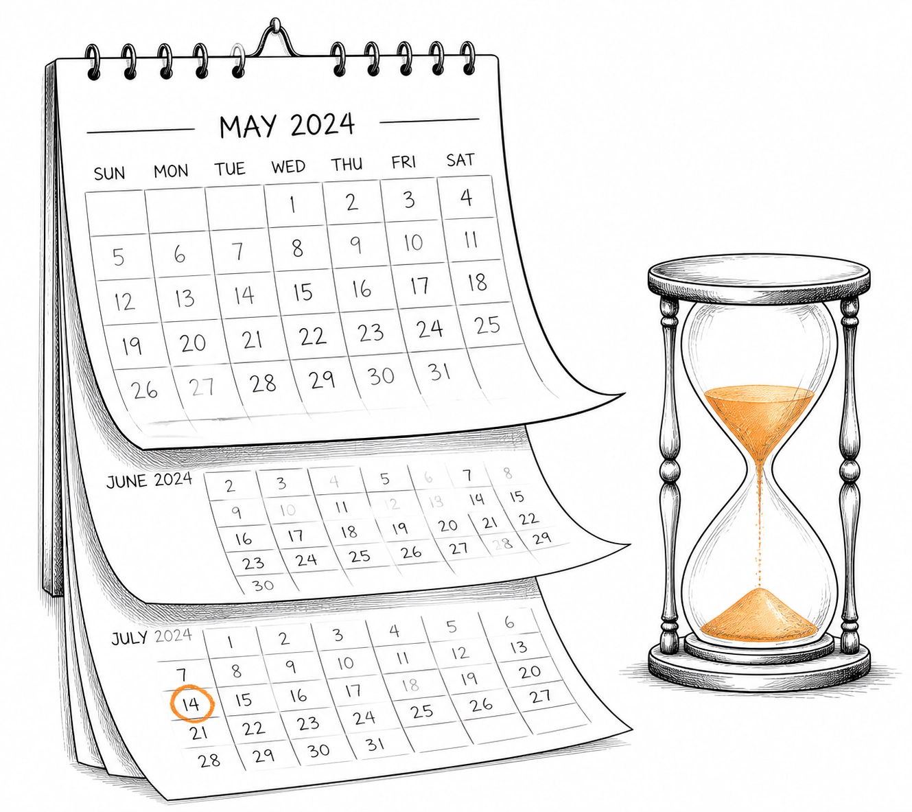A calendar and hourglass sketch highlighting the 90-day renewal period for construction contractor insurance.