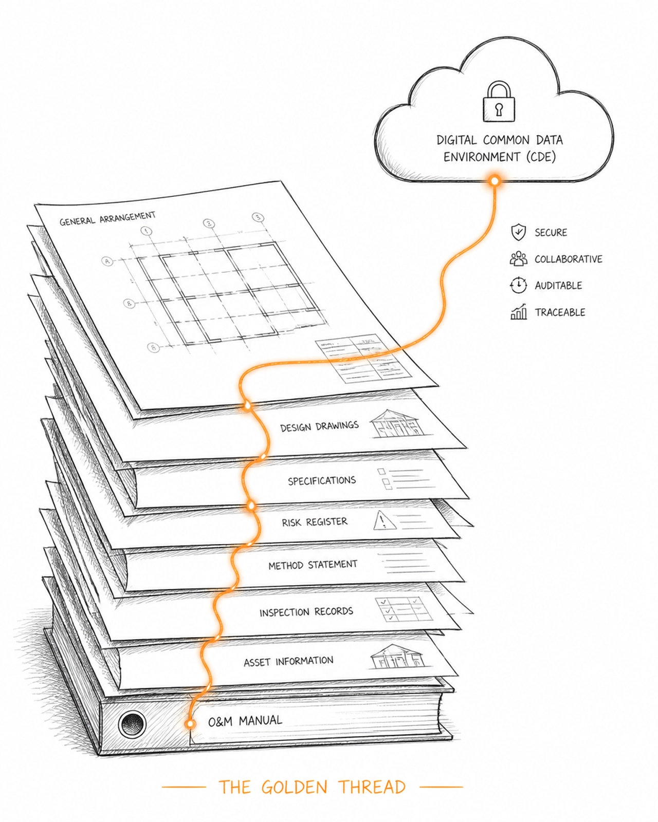 Blueprints with a glowing orange thread weaving through them