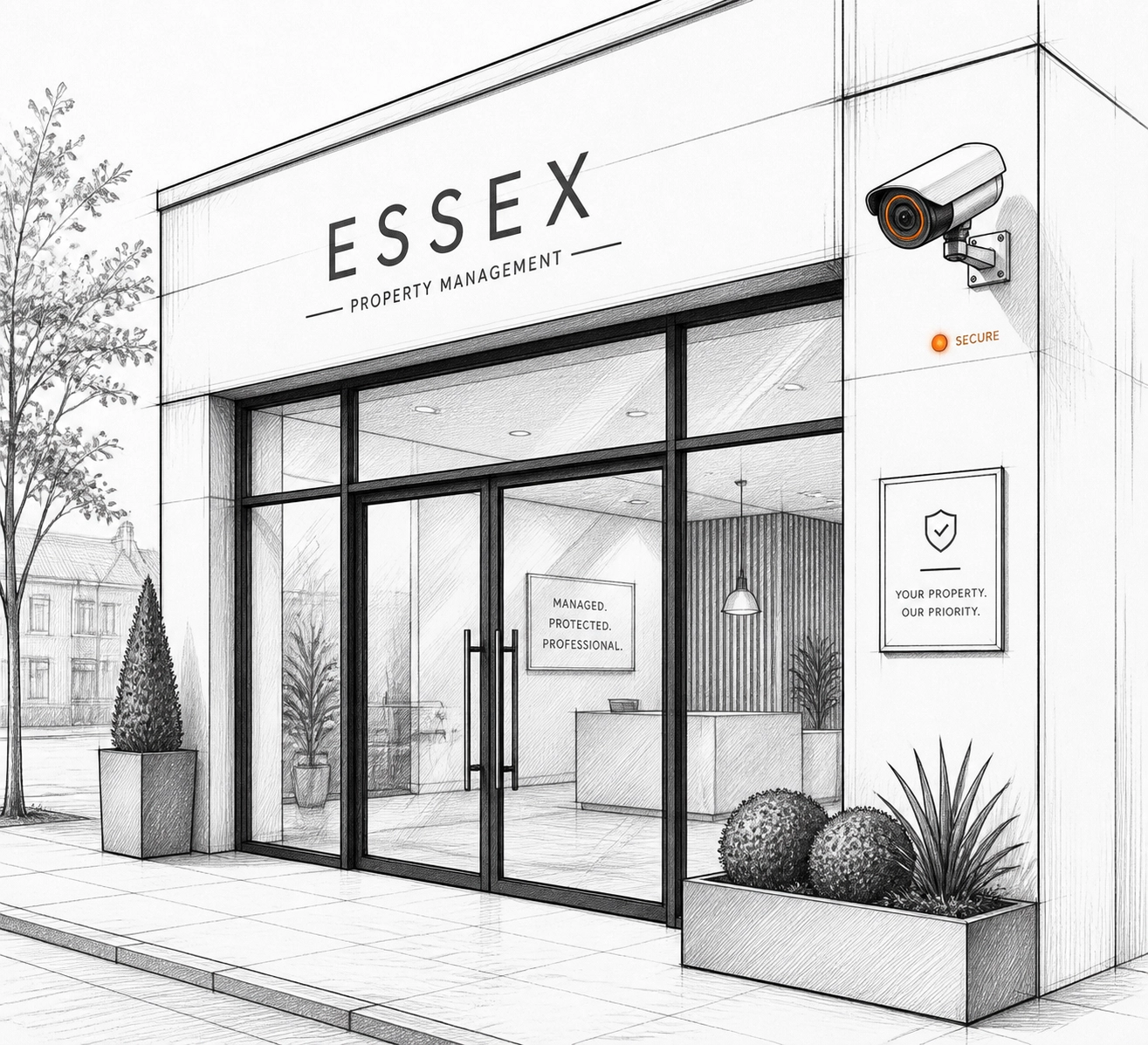 Sketch of an Essex storefront with a security camera for improved business insurance terms.