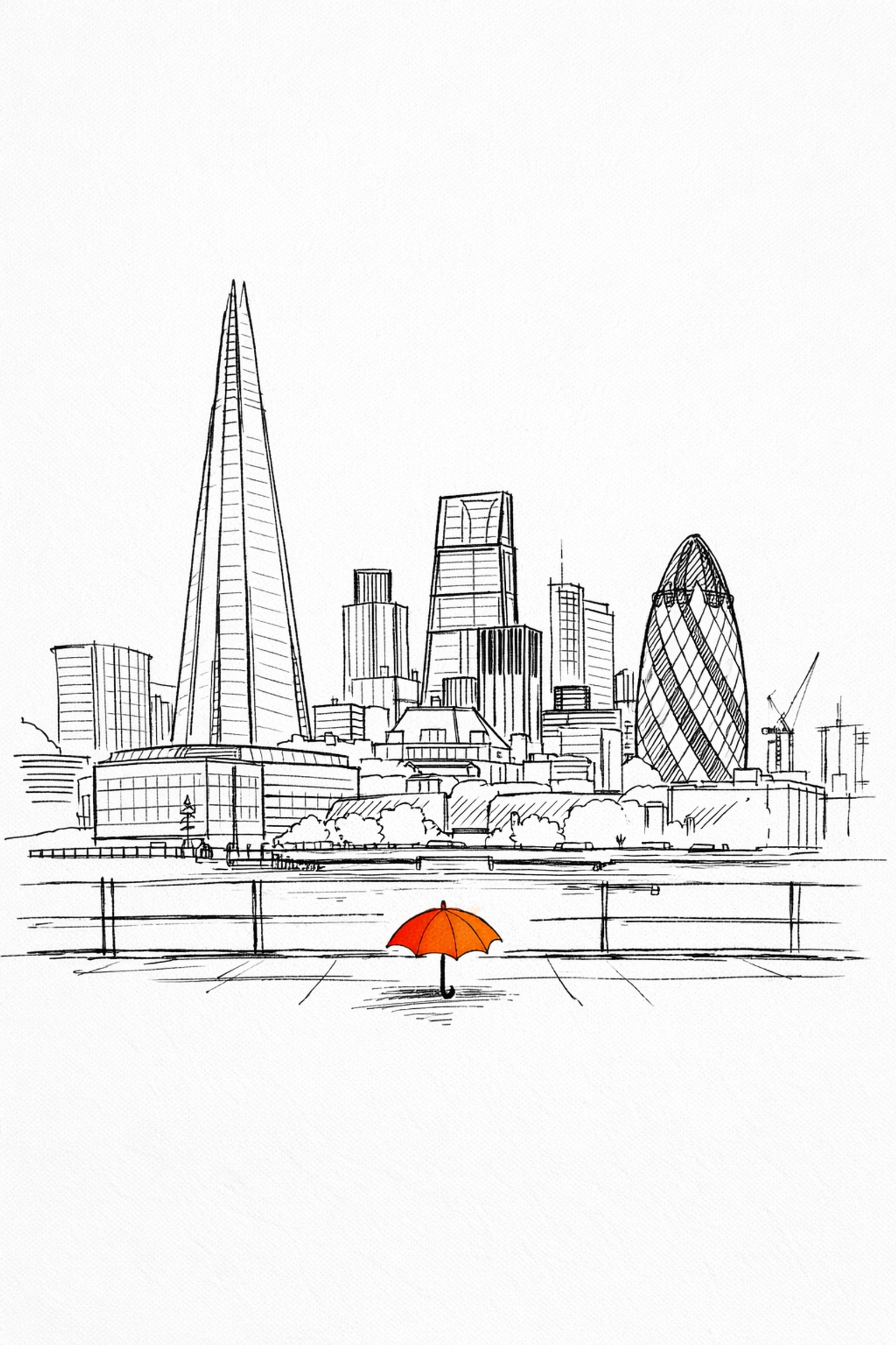 Small umbrella against London's skyline showing the need for adequate Business Insurance London limits.