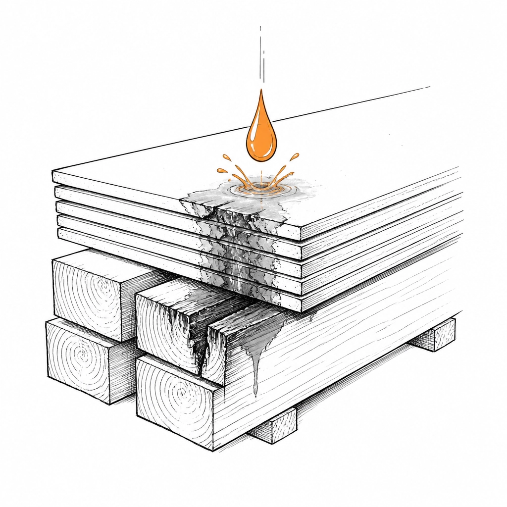 A minimalist sketch of water damaging a stack of plasterboard and timber.
