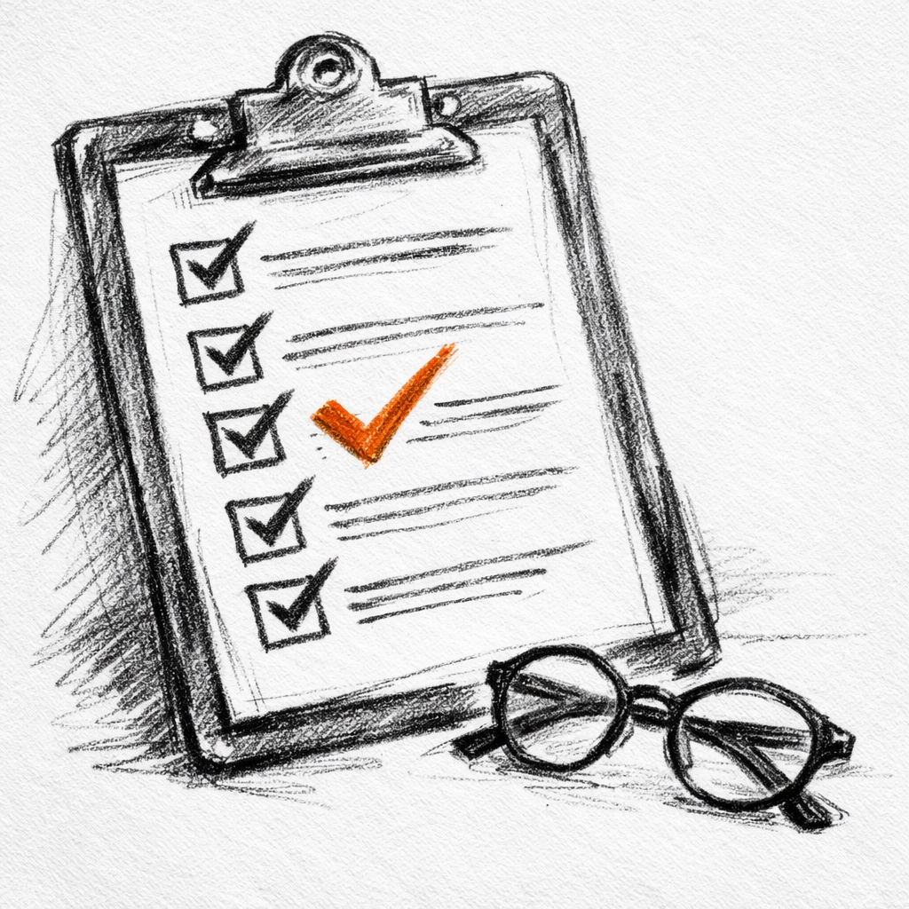 Professional clipboard checklist with an orange tick, symbolizing meticulous risk management for estate agents.