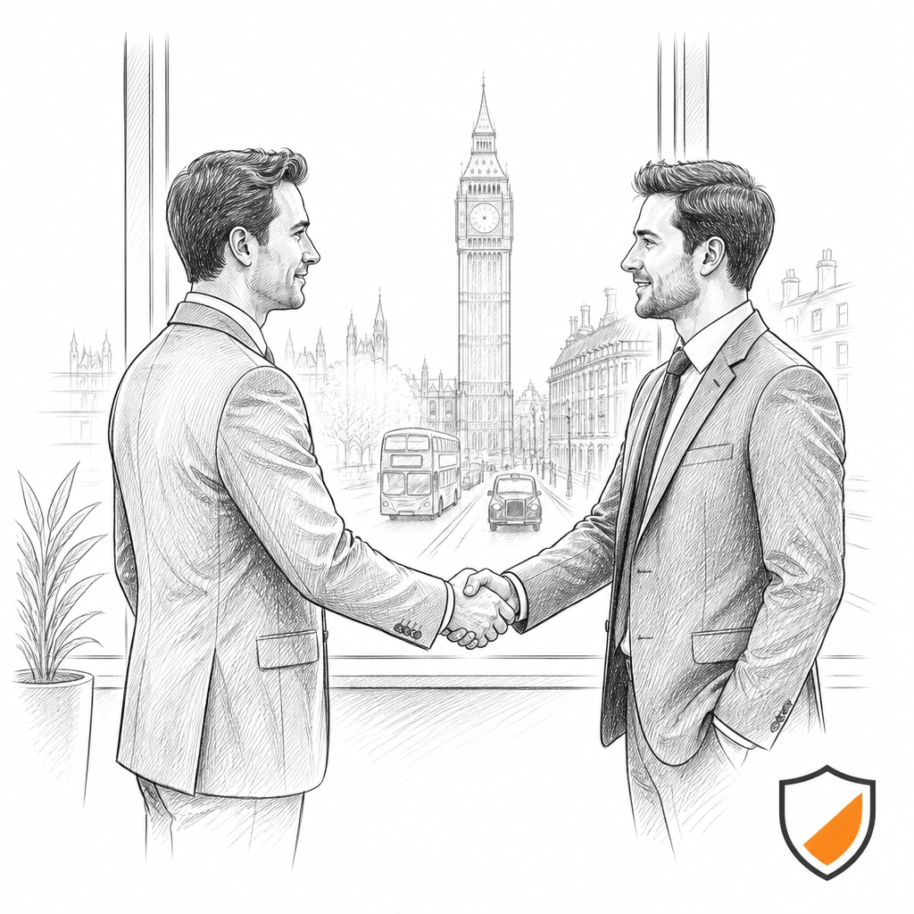 Minimalist sketch of a professional handshake with a shield icon