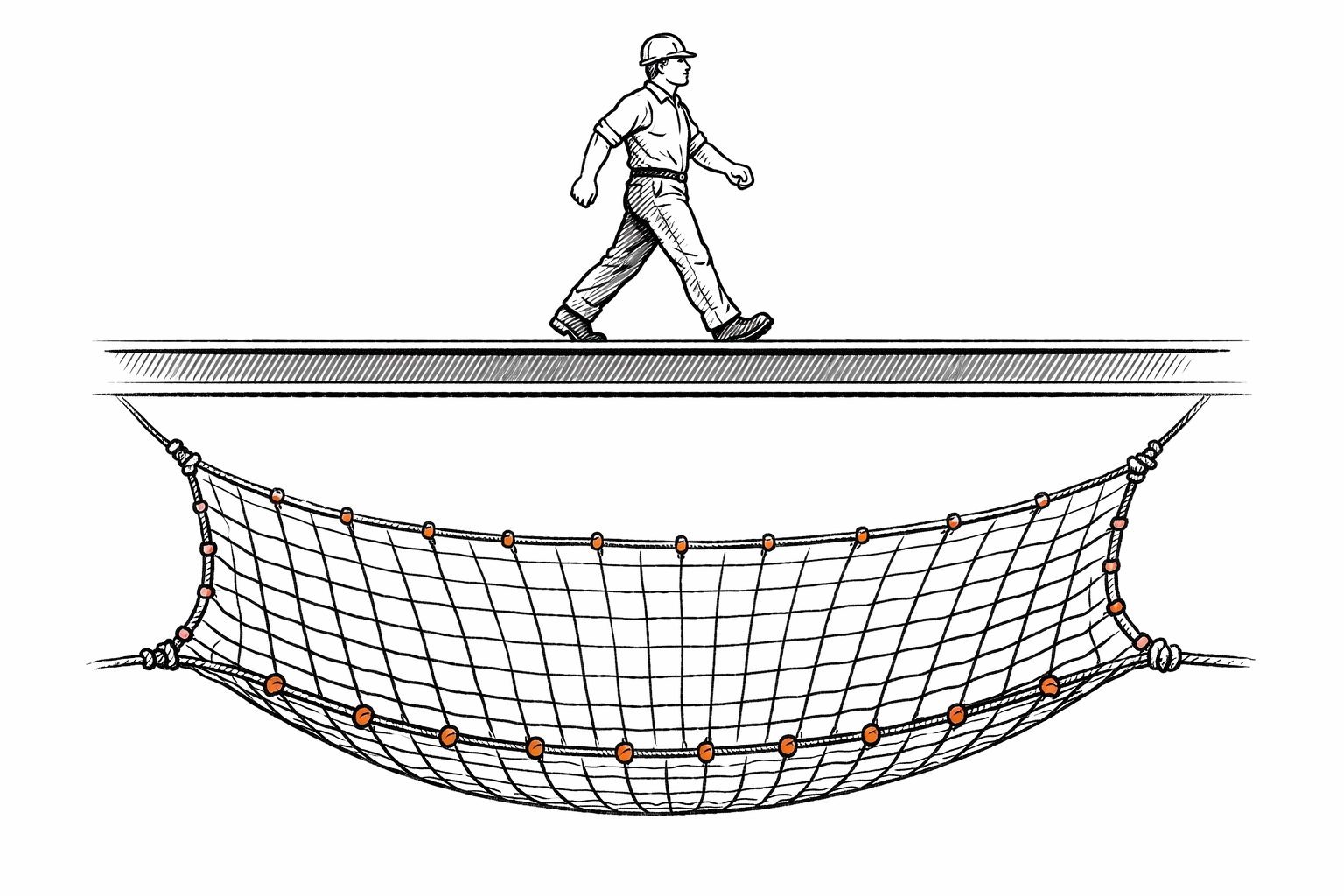 Sketch of a worker walking safely above a net, representing tradesmen liability insurance protection.