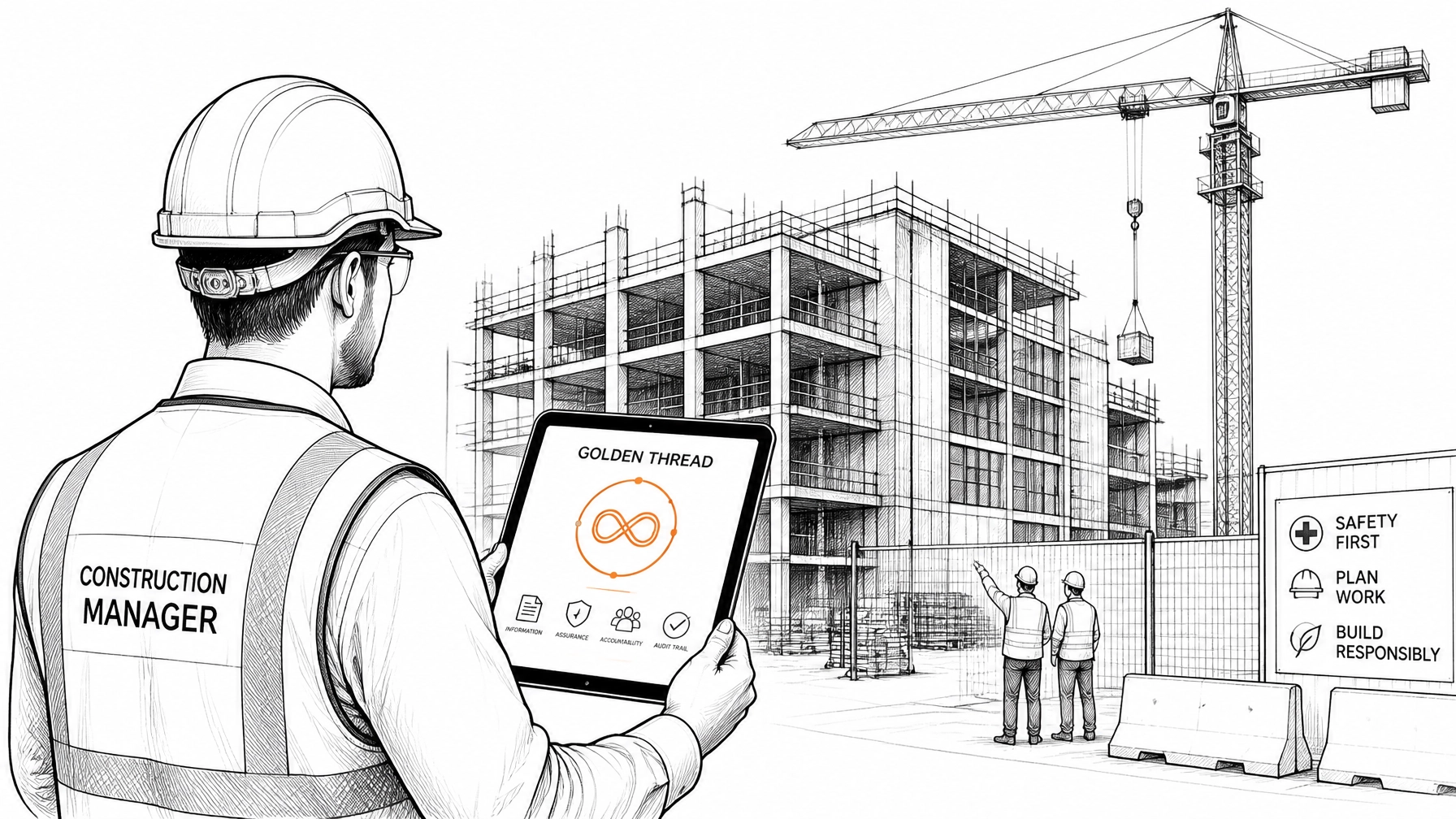 A professional black-and-white sketch of a construction site with a manager holding a digital tablet.
