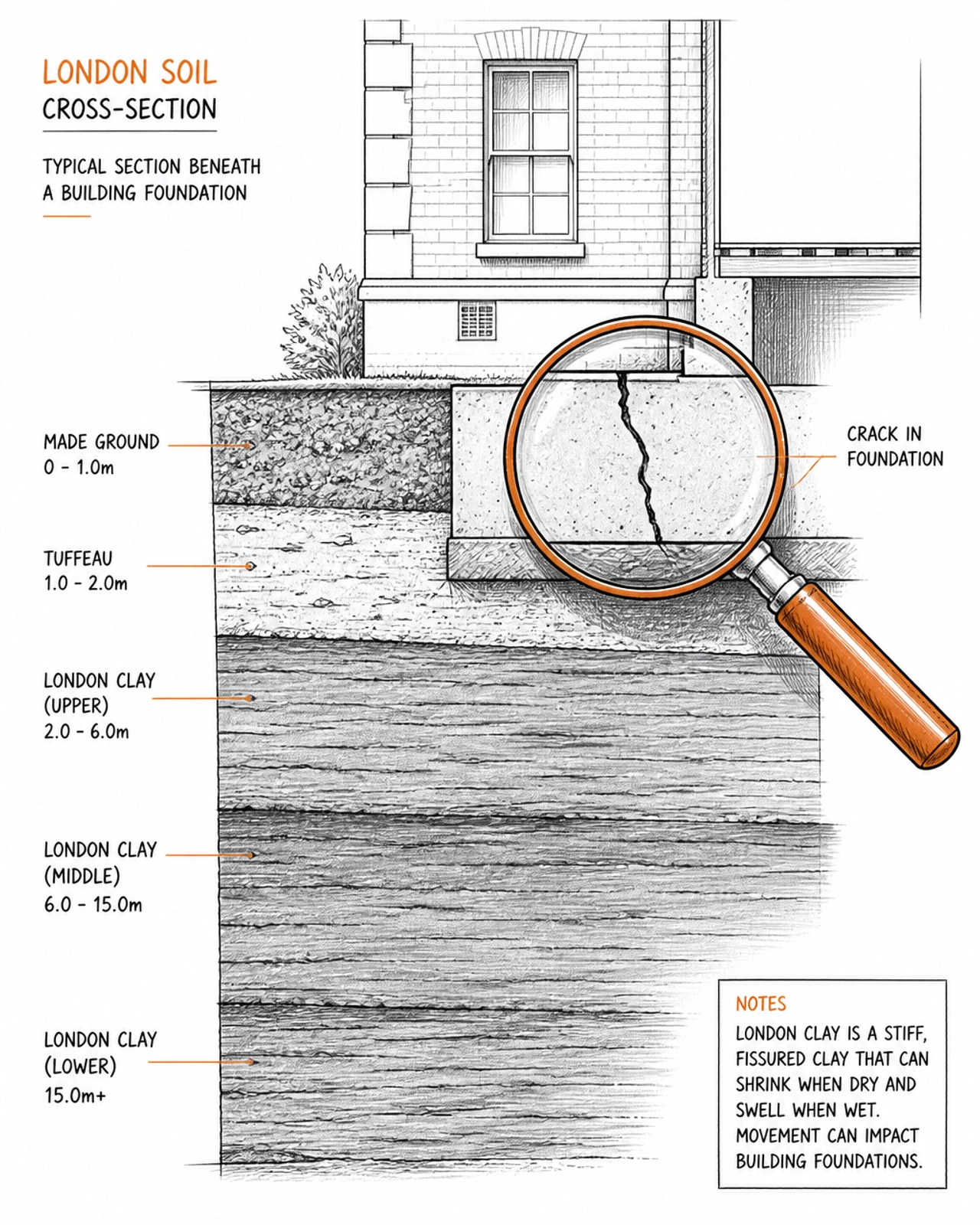 A cross-section of London soil and a foundation crack