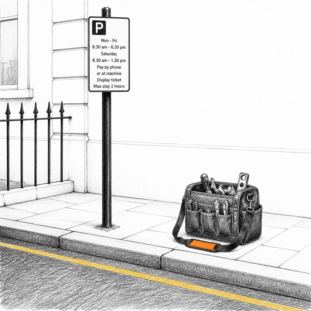 Sketch of a London parking sign and tool bag