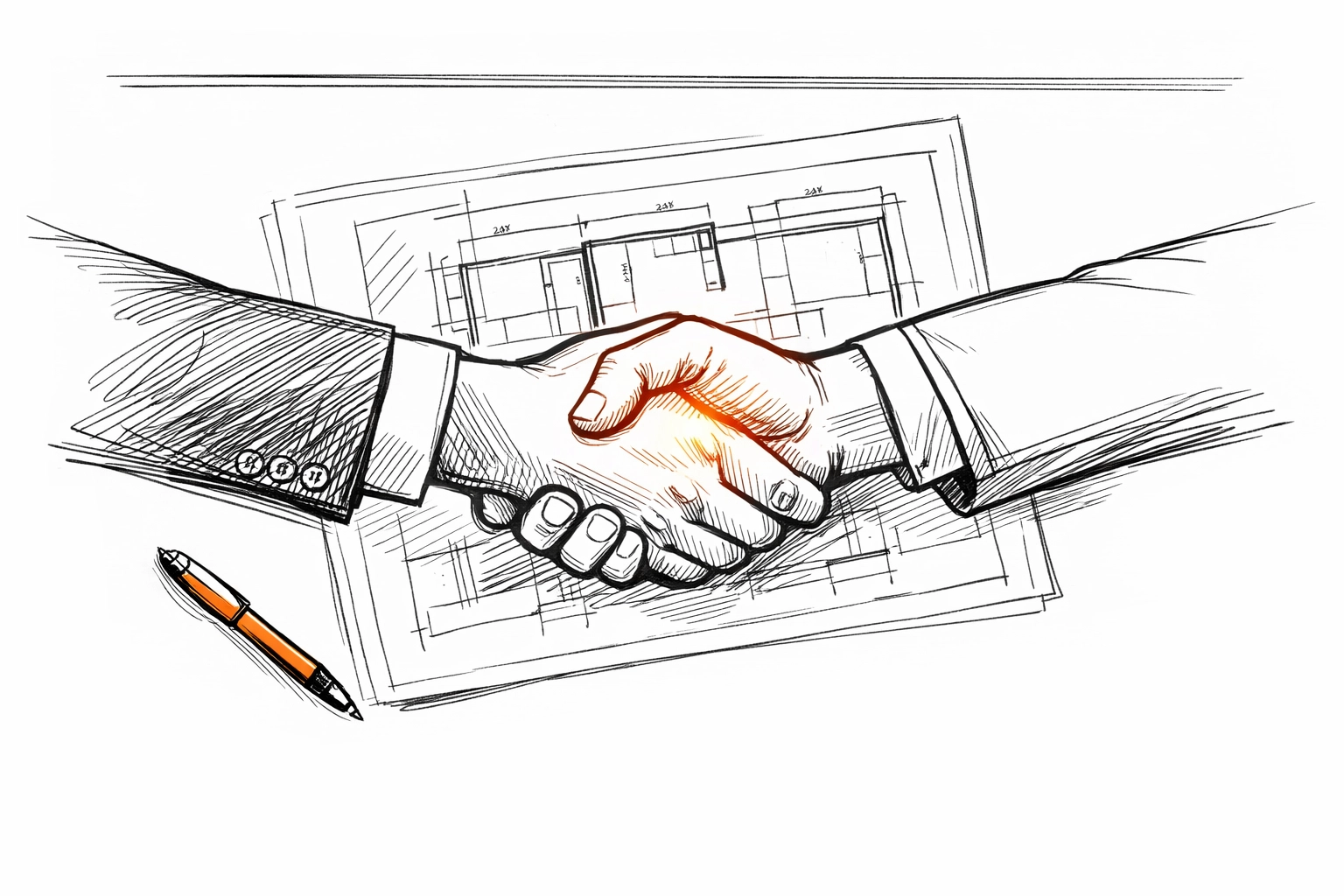 Professional handshake over business plans symbolizing a partnership with an Essex insurance broker.