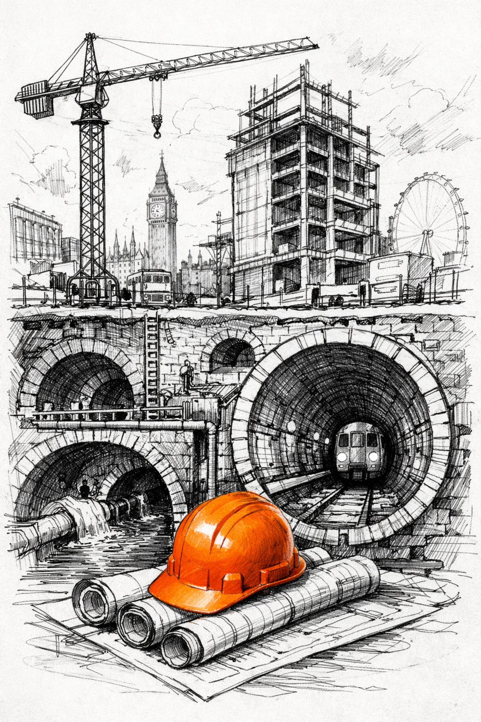 Sketch of a London construction site showing underground risks like sewers and Tube tunnels.