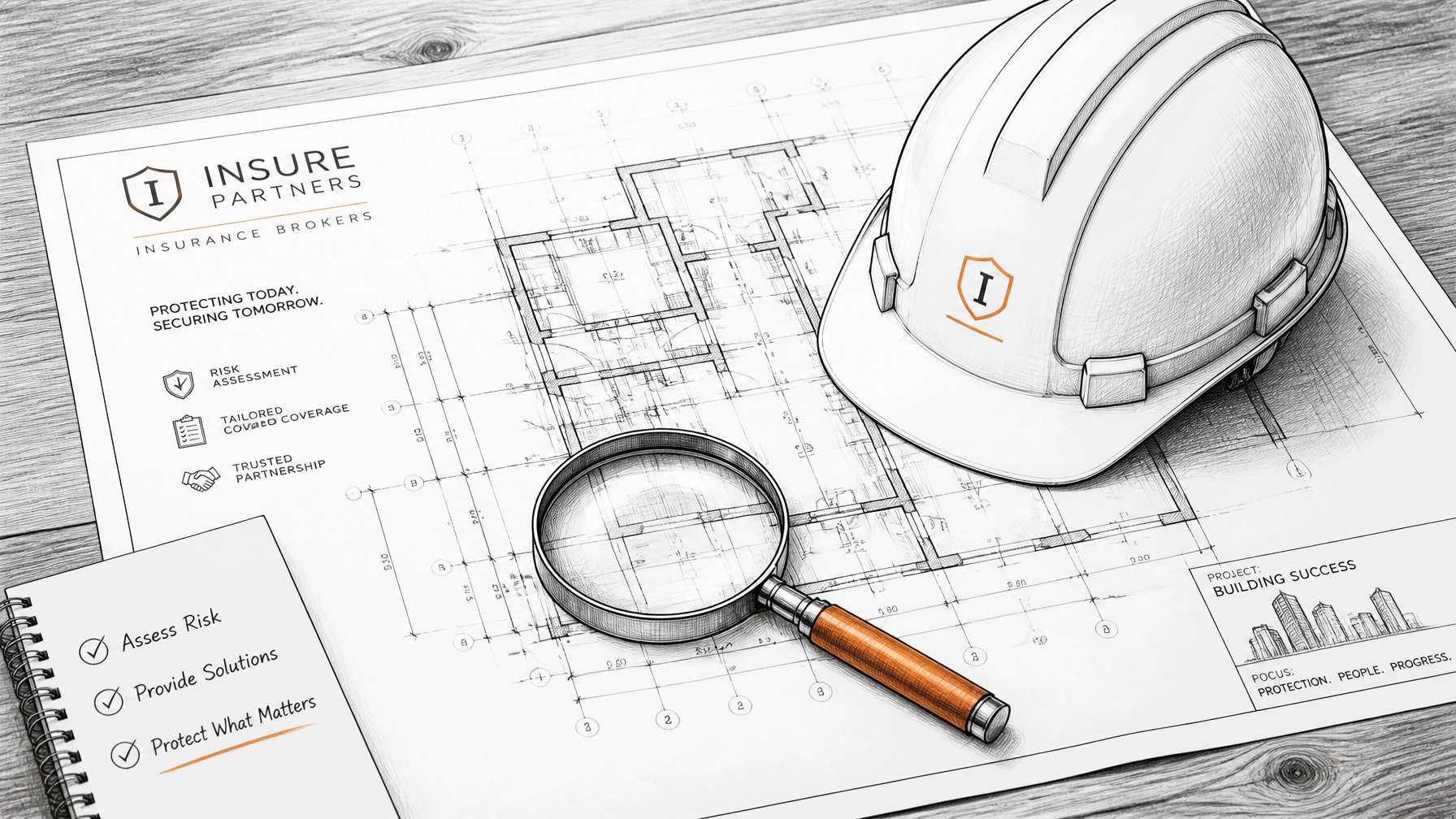 Construction blueprint and safety helmet in a professional sketch style
