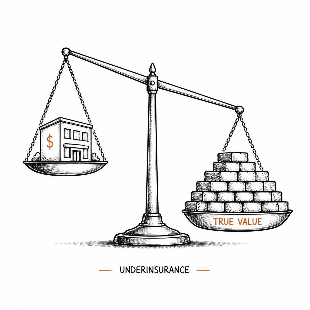 A minimalist sketch of a balanced scale showing a small building and a heavy pile of bricks, representing the underinsurance trap.